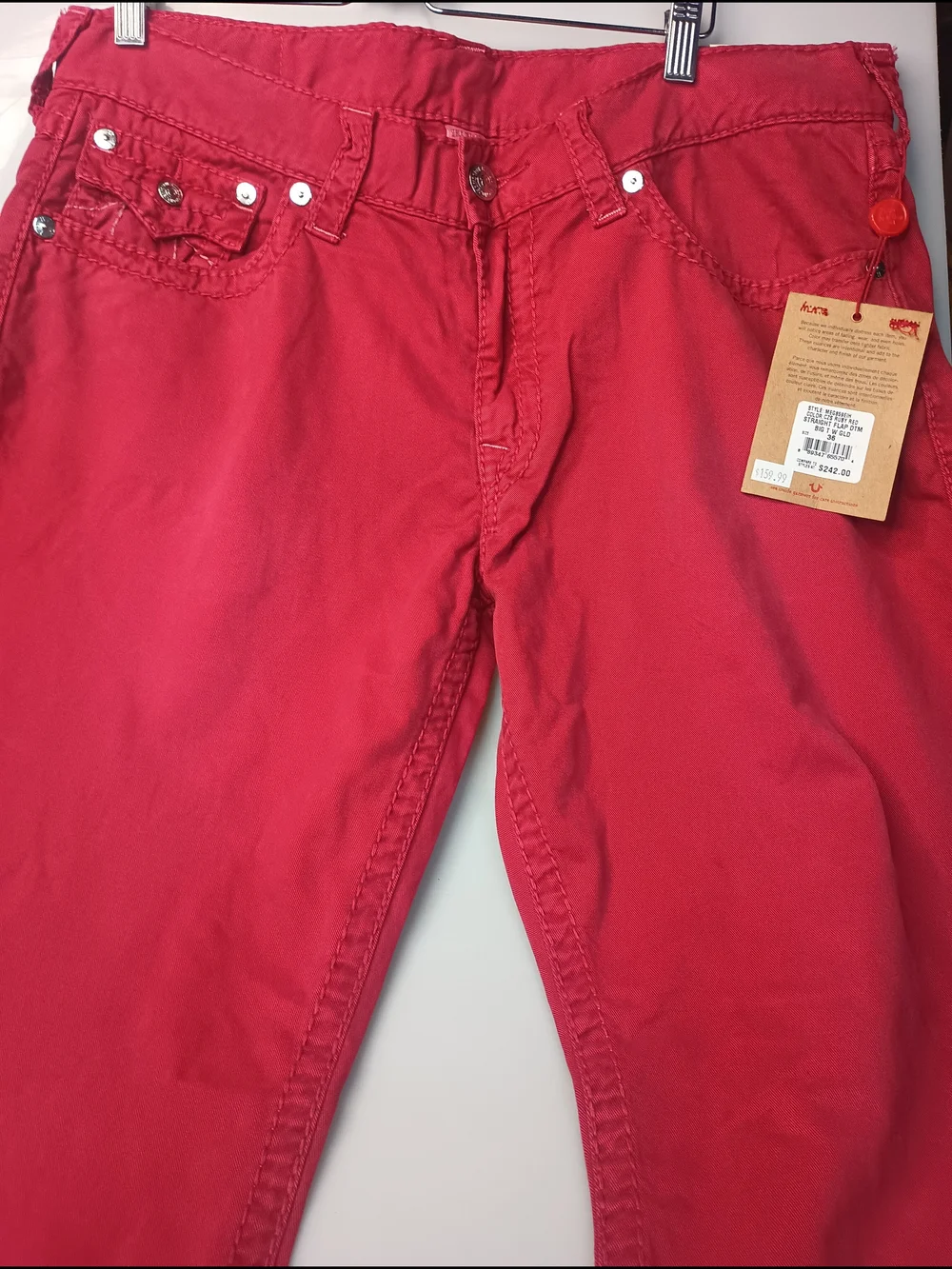True Religion Straight Flap DTM Big T W GLD Ruby Red Size 36